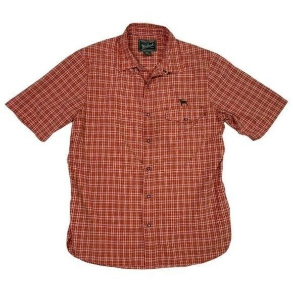 Woolrich Plaid Nylon Snap Button Short Sleeve Shirt Dog Logo Men's Medium - Picture 1 of 7